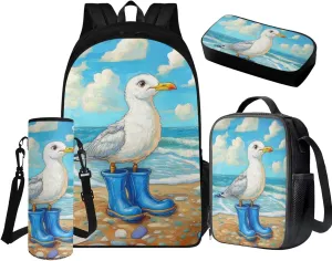 FOR U DESIGNS Seagull Backpack Set with Lunch Box Kawaii Ocean Backpack for Girls Cute Bookbag and Lunch Box Set 4 in 1 Large Capacity School Bag 5th Grade