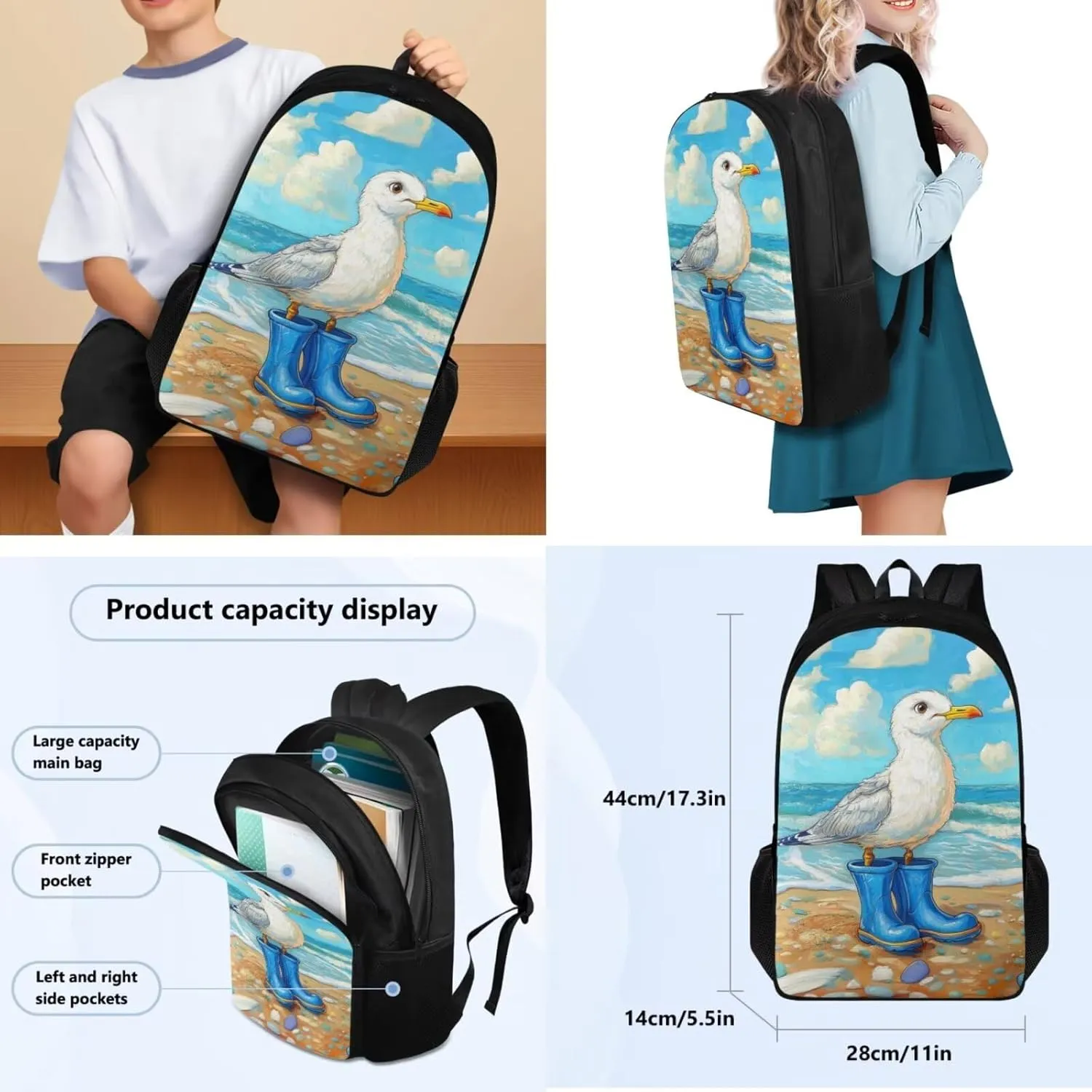 FOR U DESIGNS Seagull Backpack Set with Lunch Box Kawaii Ocean Backpack for Girls Cute Bookbag and Lunch Box Set 4 in 1 Large Capacity School Bag 5th Grade
