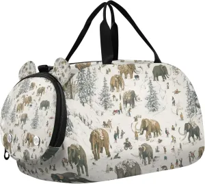 Forest Mammoths Duffle Bag for Kids Girls Boys, Sports Gym Bag with Shoe Compartments, Kids Travel Overnight Weekender Shoulder Bag