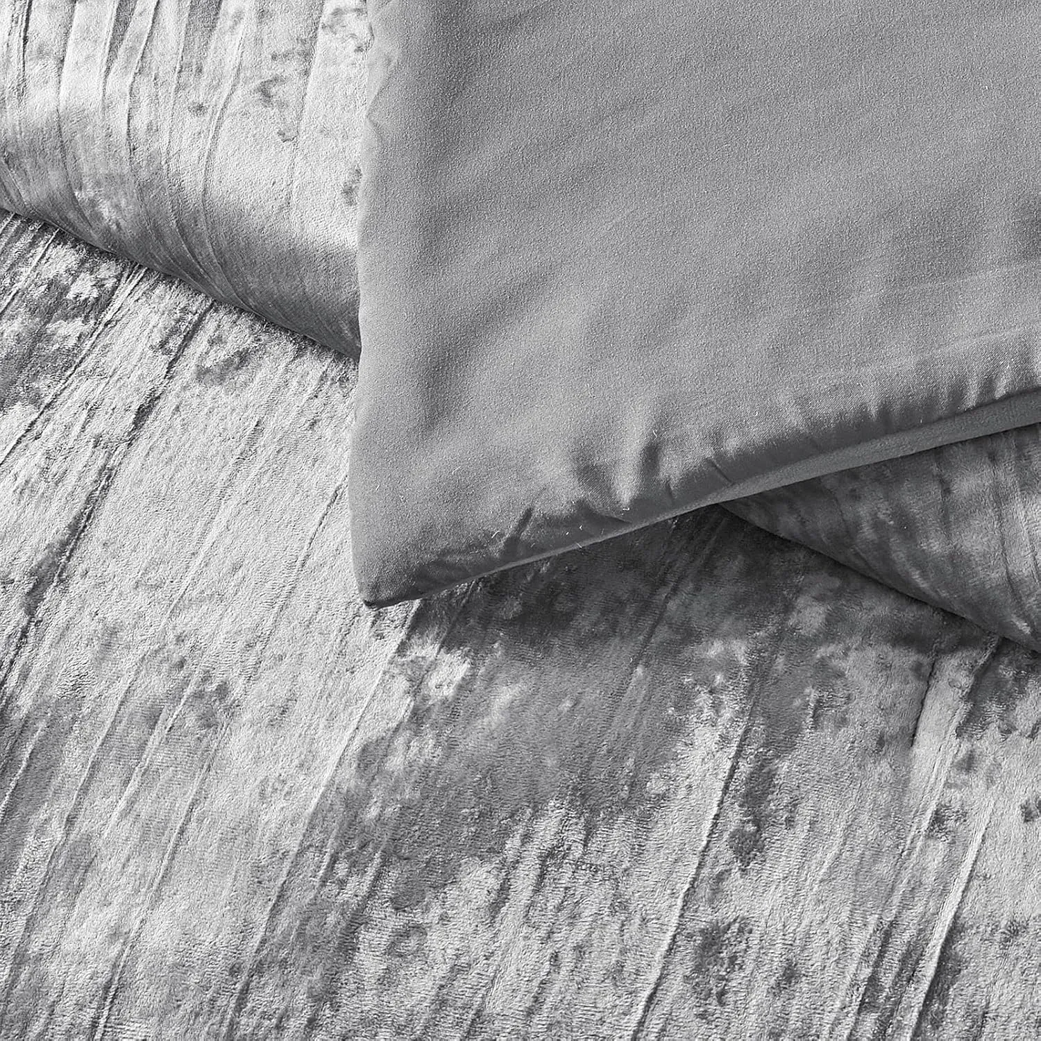 Fredsure Crinkle Velvet Comforter Set, 3 Pieces Grey King, Crinkle Velvet Face and Brushed Microfiber Reverse