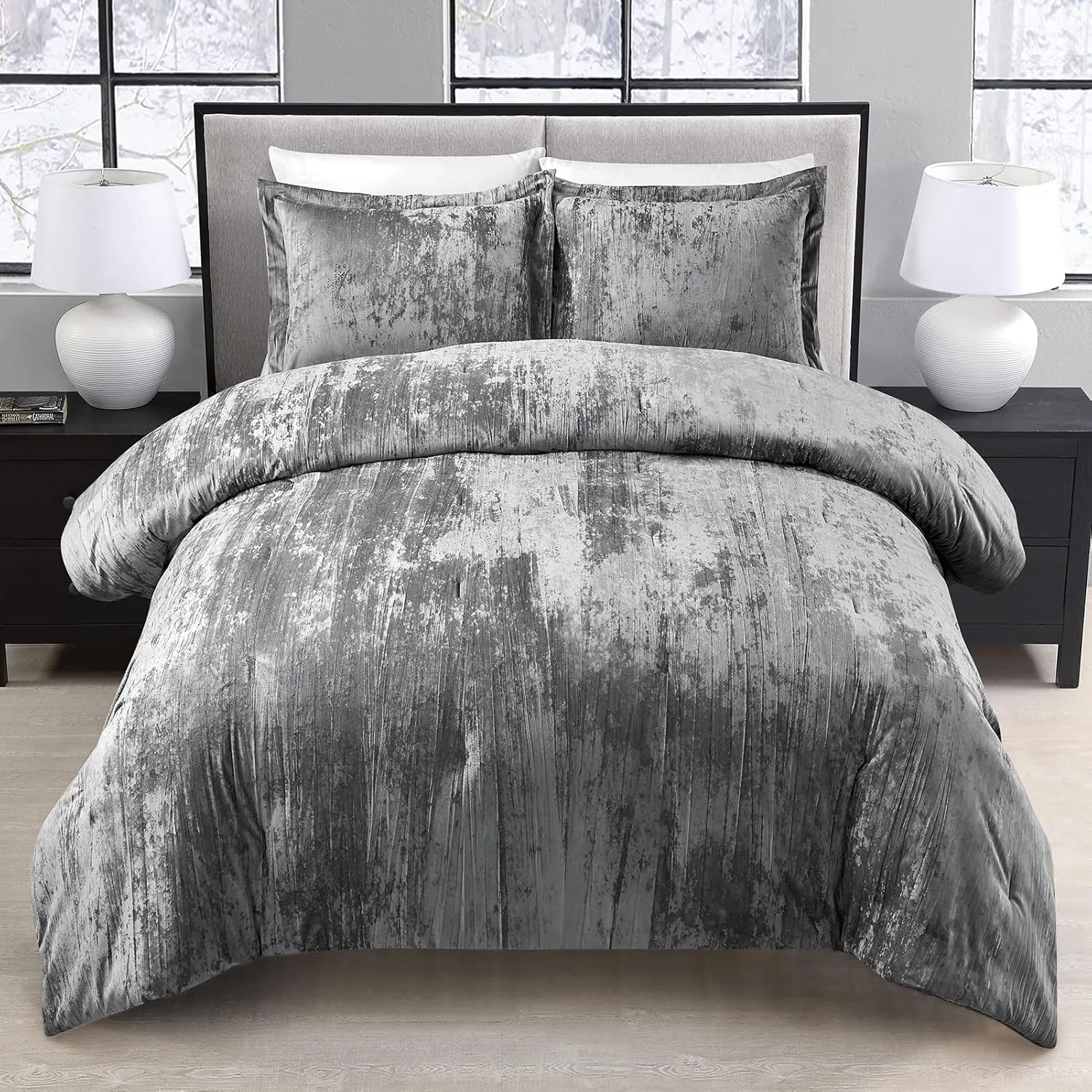 Fredsure Crinkle Velvet Comforter Set, 3 Pieces Grey King, Crinkle Velvet Face and Brushed Microfiber Reverse