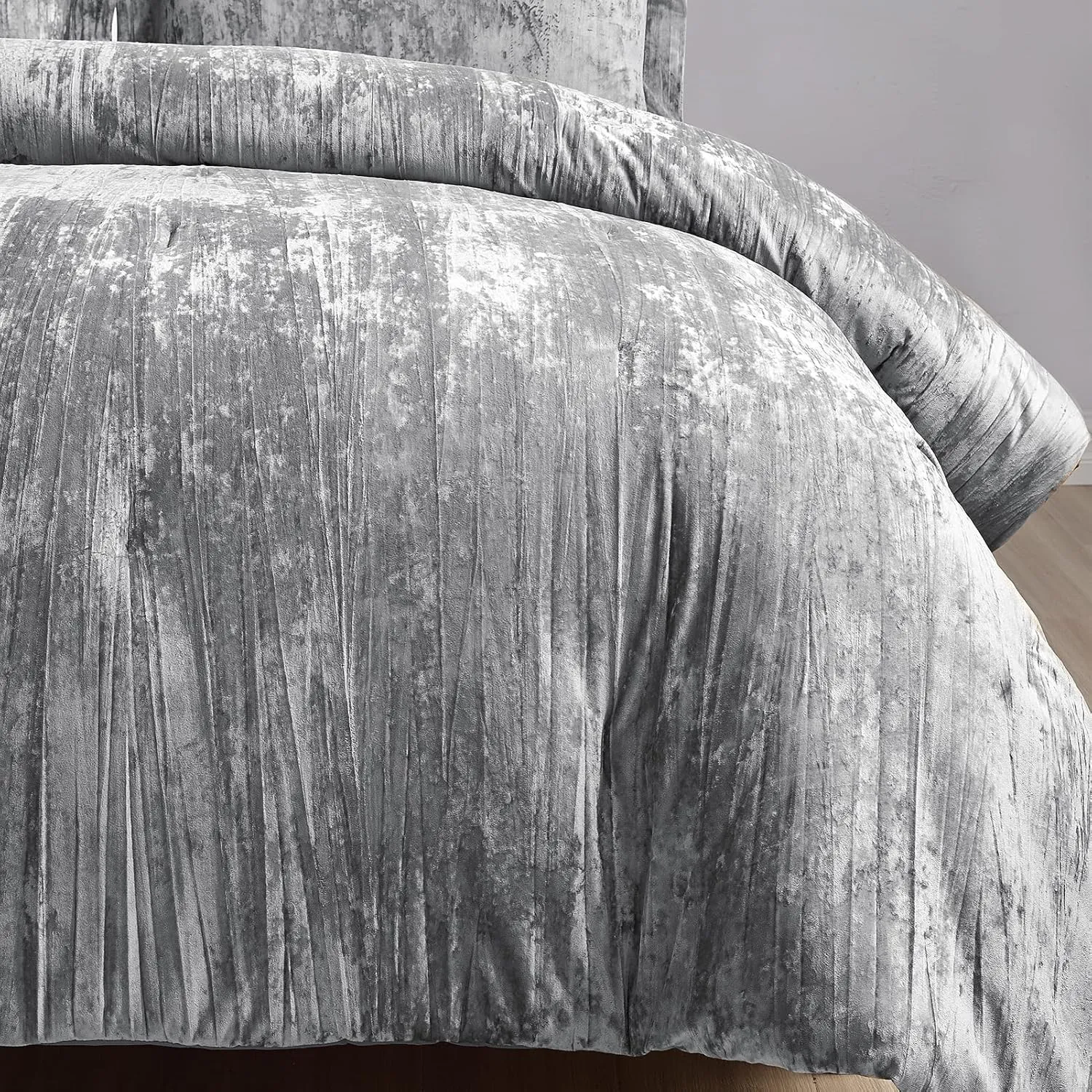 Fredsure Crinkle Velvet Comforter Set, 3 Pieces Grey King, Crinkle Velvet Face and Brushed Microfiber Reverse