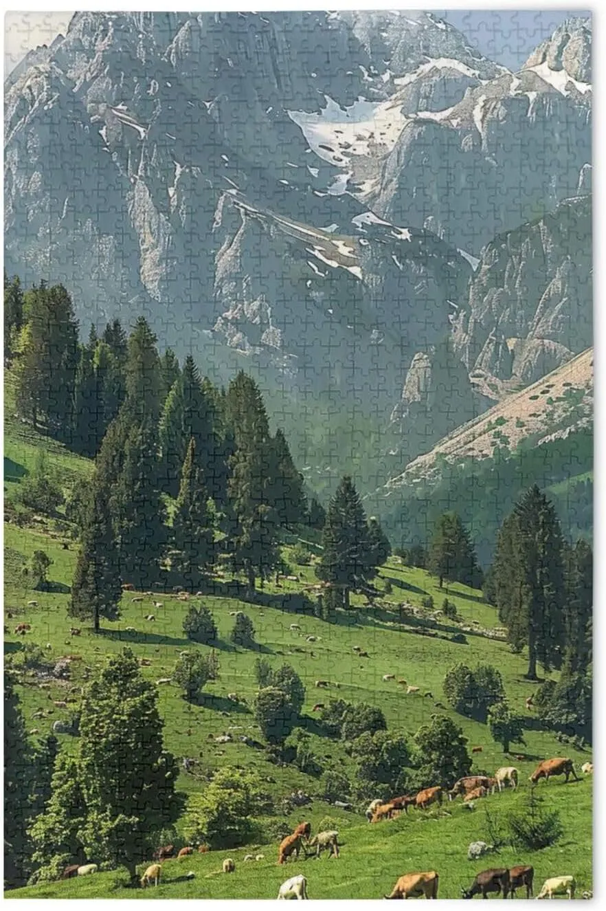 FRMG Grassland Cow Jigsaw Puzzles 500 Pieces for Adults,Learning Educational Puzzles,Difficult and Challenge Families Toys with Mesh Storage Bag 2014034