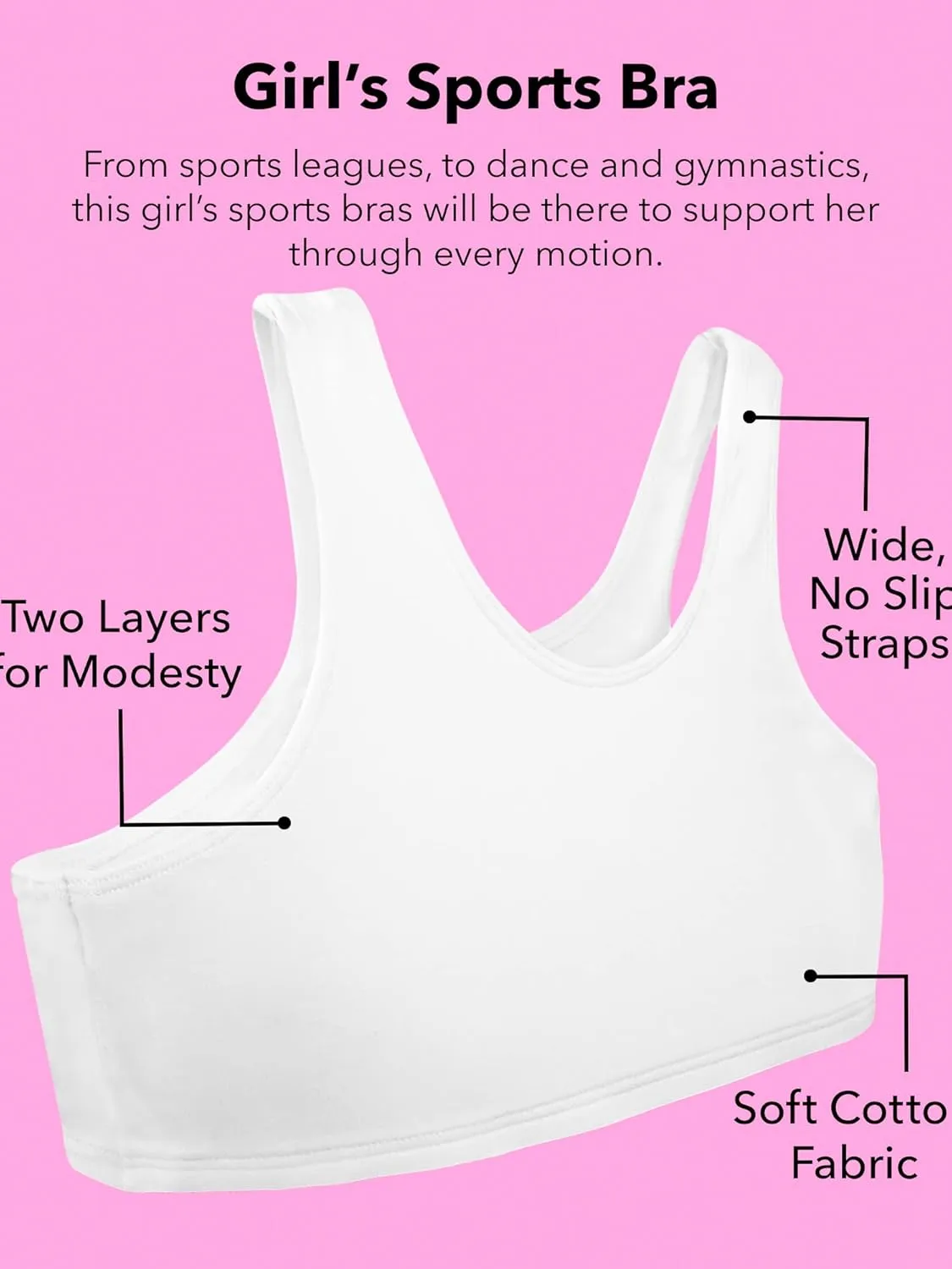 Fruit of the Loom Girls' Multi Cotton Built-Up Stretch Sports Bra Available in 6 Packs