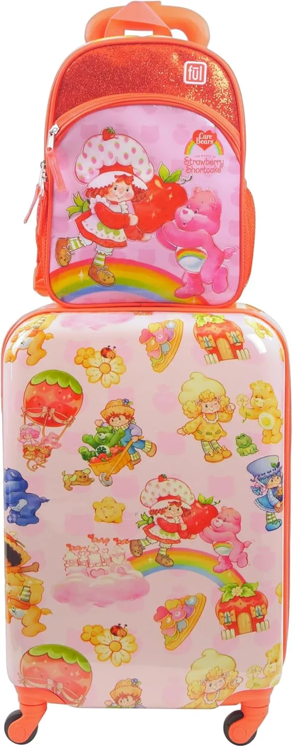 FUL Strawberry Shortcake and Care Bears 2-Piece Travel Luggage Set, 22 in Carry On Suitcase and Book Bag