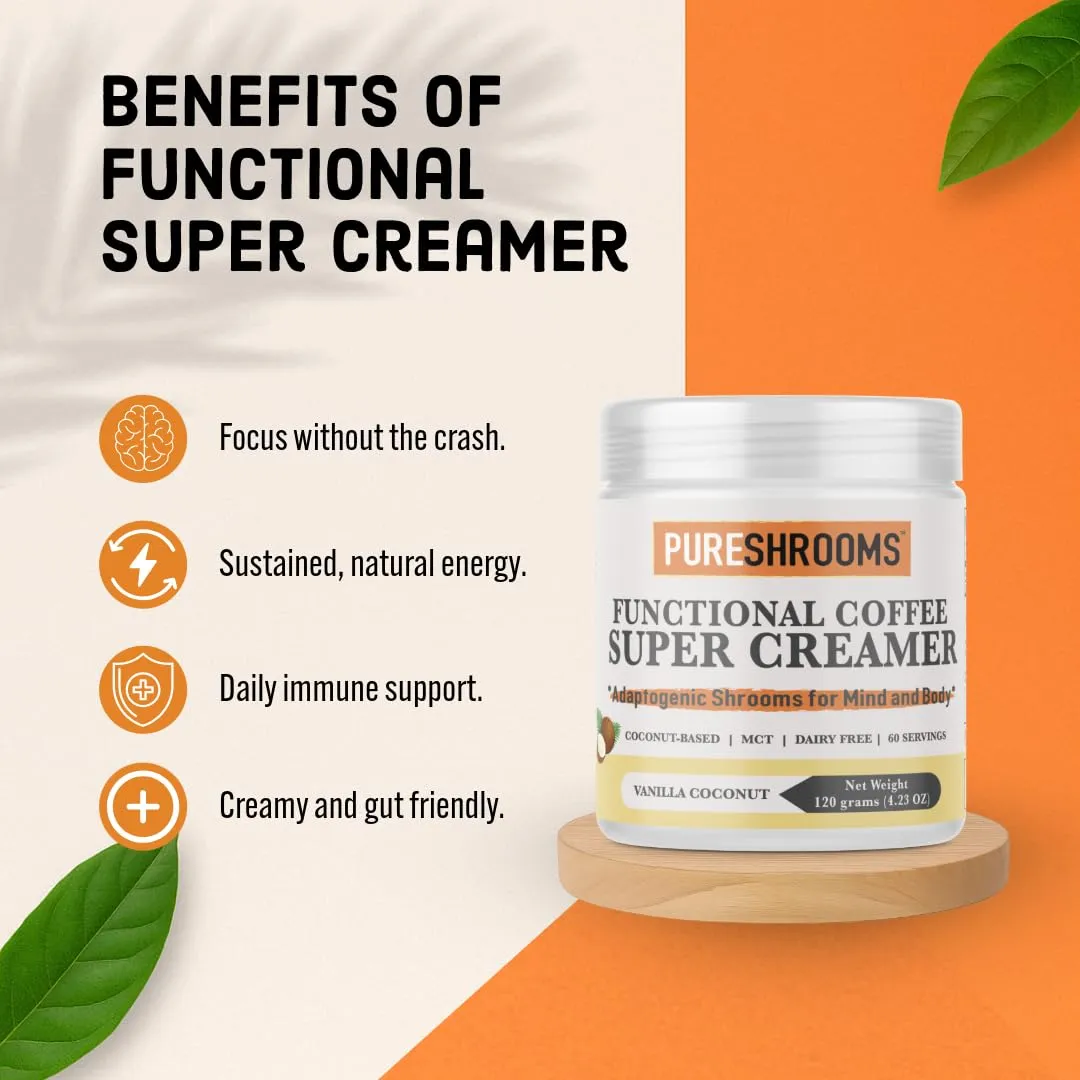 Functional Coffee Super Creamer - Vanilla - Coconut Milk Powder, MCT, Organic Lion’s Mane, Reishi & Cordyceps. Dairy-free, Plantbased, Made in Ontario CA (Vanilla, 120g / 4.2 oz)