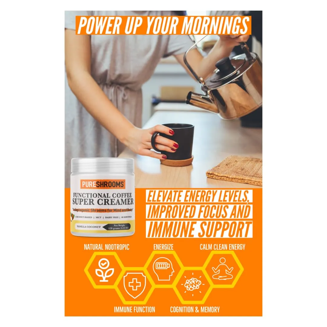 Functional Coffee Super Creamer - Vanilla - Coconut Milk Powder, MCT, Organic Lion’s Mane, Reishi & Cordyceps. Dairy-free, Plantbased, Made in Ontario CA (Vanilla, 120g / 4.2 oz)