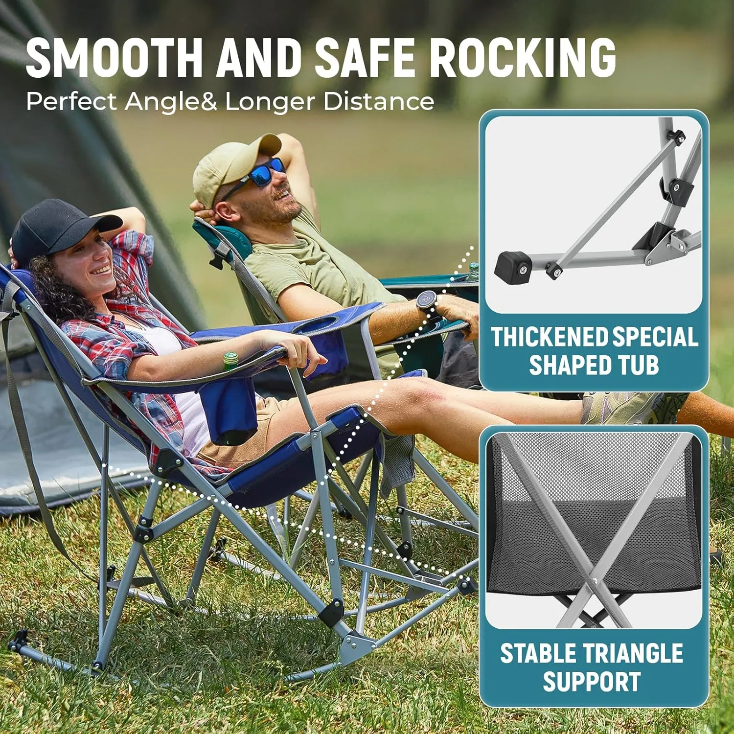 FUNDANGO Rocking Camping Chair, High Mesh Back Portable Folding Camp Chairs with Pillows, Cup Holder and Carry Bag for Lawn Patio Garden Outdoor Supports 300 Lbs (Green/Grey)