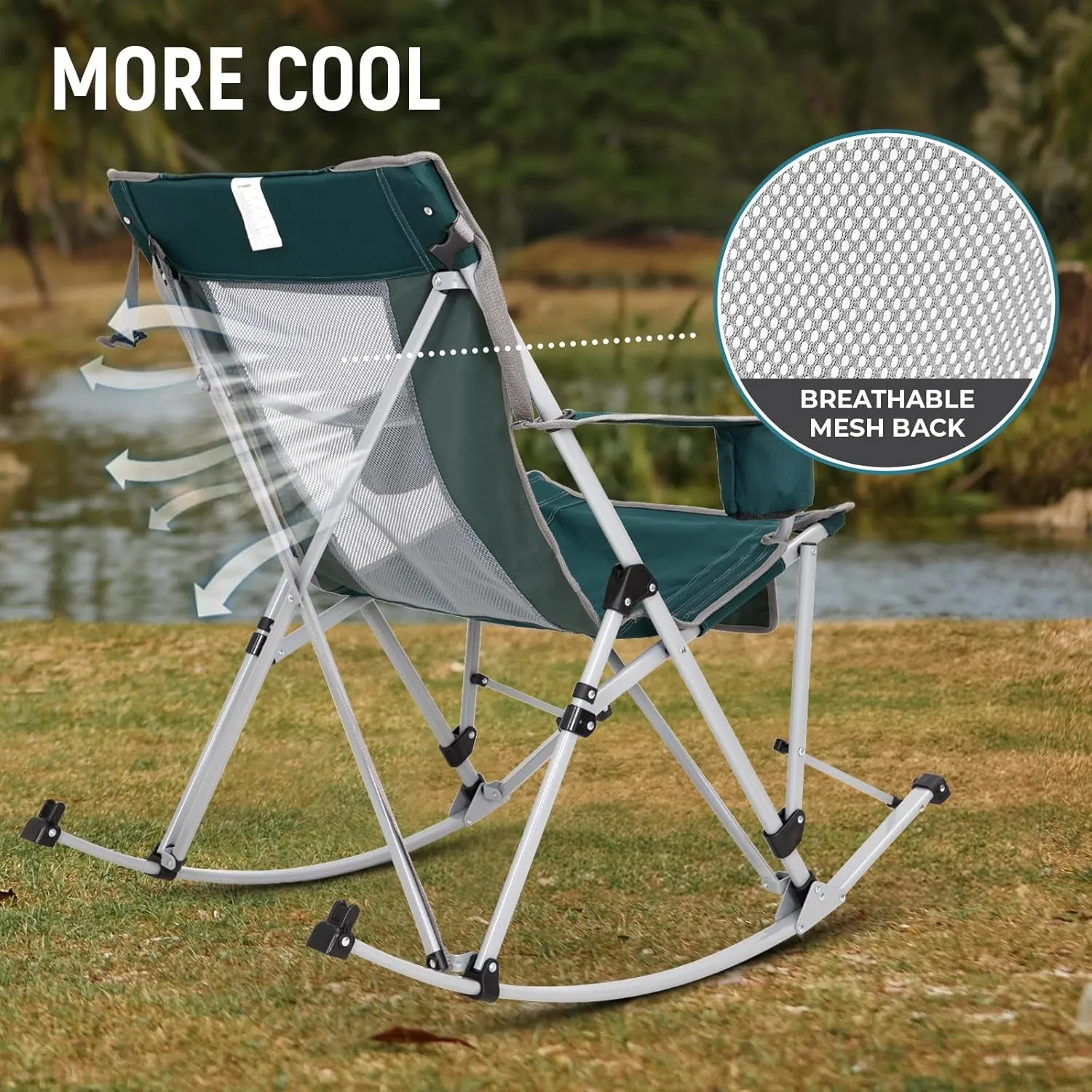 FUNDANGO Rocking Camping Chair, High Mesh Back Portable Folding Camp Chairs with Pillows, Cup Holder and Carry Bag for Lawn Patio Garden Outdoor Supports 300 Lbs (Green/Grey)