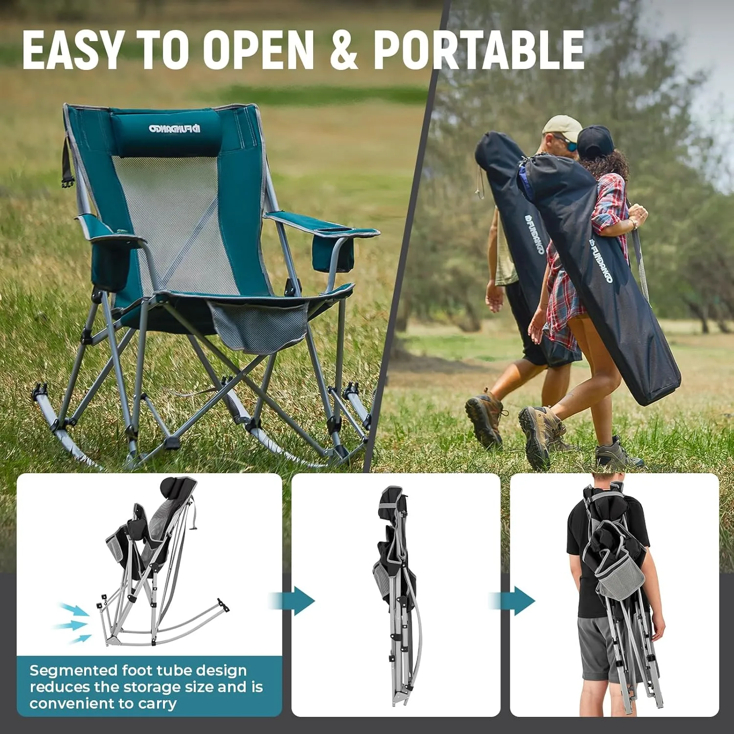FUNDANGO Rocking Camping Chair, High Mesh Back Portable Folding Camp Chairs with Pillows, Cup Holder and Carry Bag for Lawn Patio Garden Outdoor Supports 300 Lbs (Green/Grey)