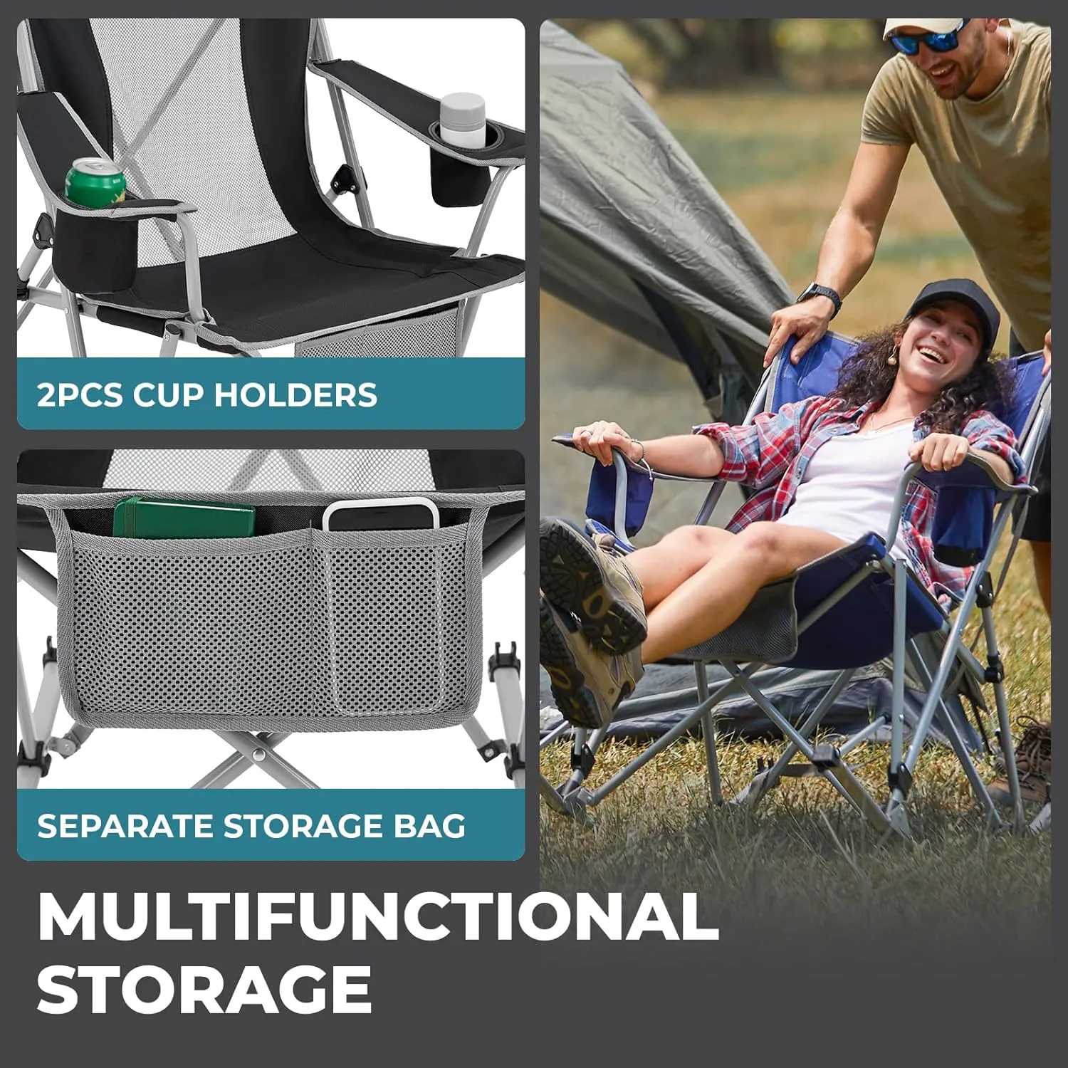 FUNDANGO Rocking Camping Chair, High Mesh Back Portable Folding Camp Chairs with Pillows, Cup Holder and Carry Bag for Lawn Patio Garden Outdoor Supports 300 Lbs (Green/Grey)