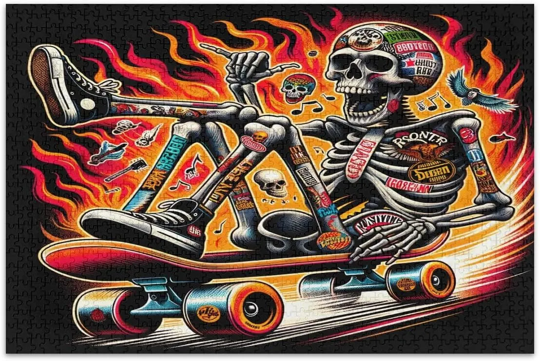 Funny Skeleton Skateboarding 1000 Piece Puzzle, Difficult Puzzles Challenging Family Activity, Finished Size 29.5 x 19.7 Inches