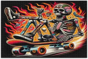 Funny Skeleton Skateboarding 1000 Piece Puzzle, Difficult Puzzles Challenging Family Activity, Finished Size 29.5 x 19.7 Inches