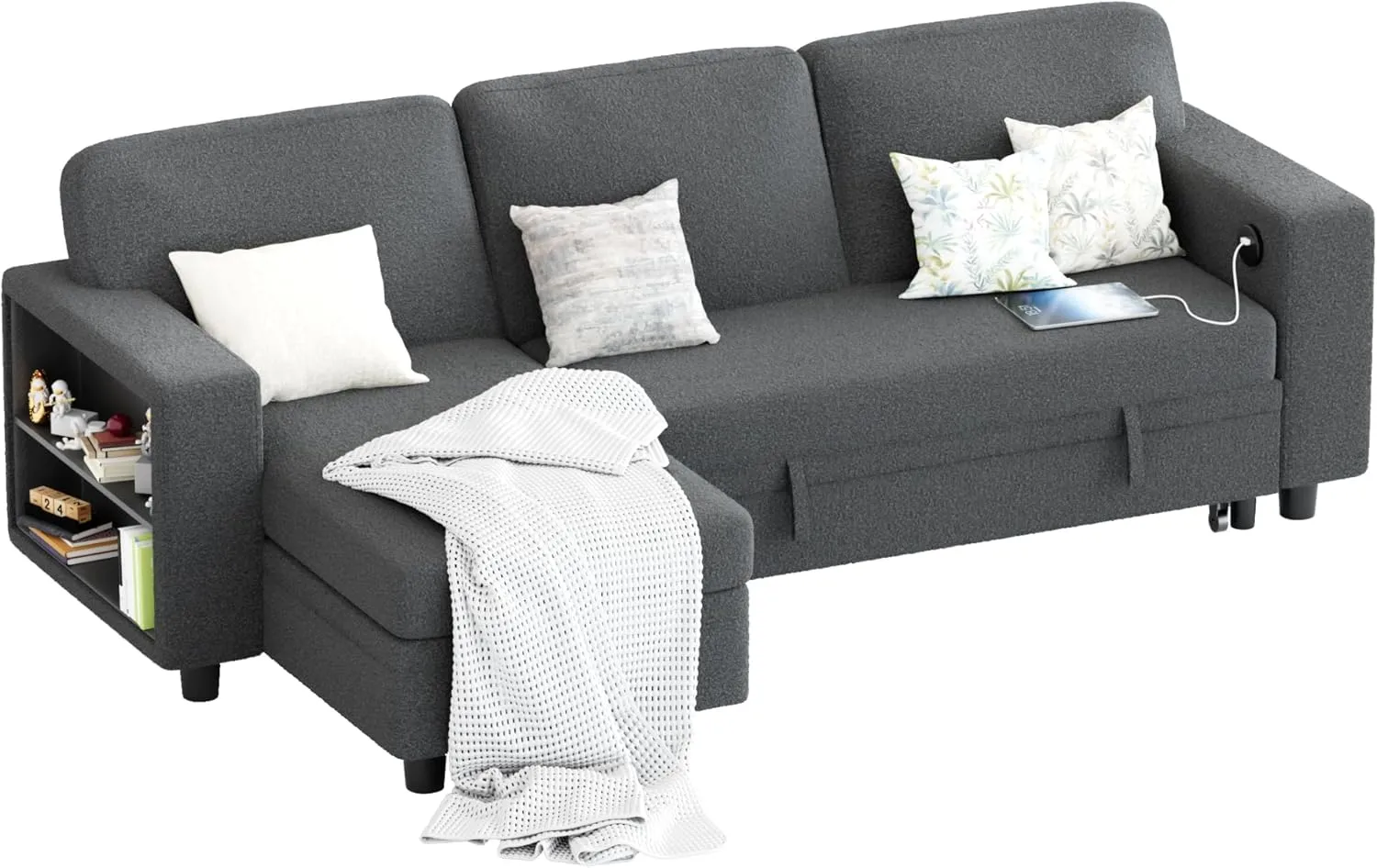 Furmax 80″ Sleeper Sofa Couch with Pull Out Bed L Shaped Sleeper Sofa with Storage Chaise, USB Charging Ports & 2 Built-in Bookshelves 3-Seat Sectional couches for Living Room (Fabric, Grey)