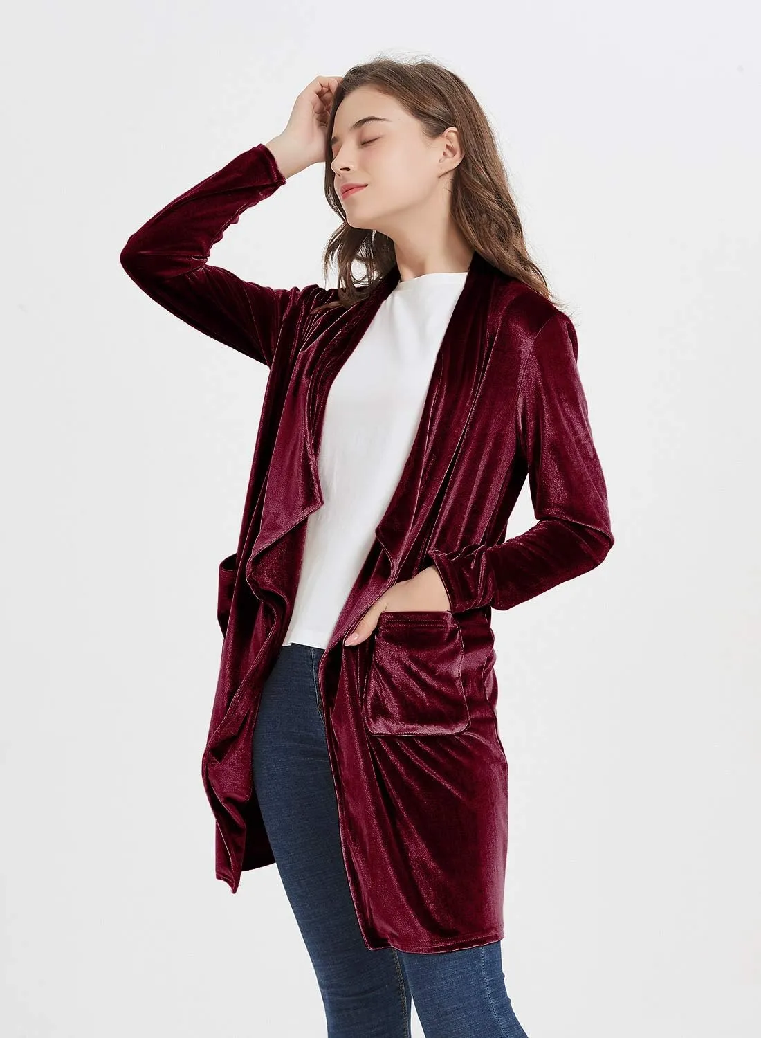 futurino Women's Solid Long Sleeve Velvet Jacket Open Front Cardigan Coat with Pockets Outerwear