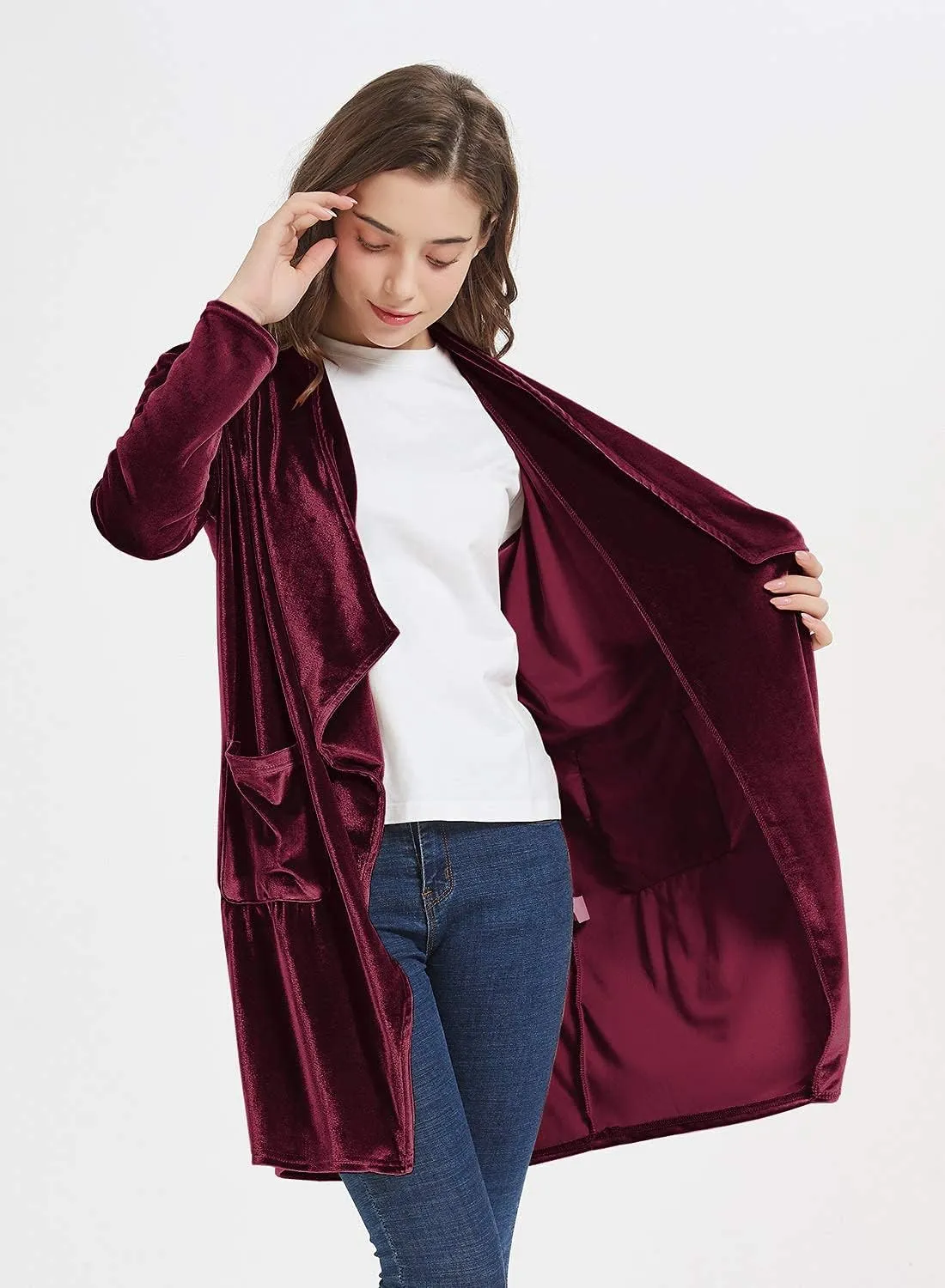futurino Women's Solid Long Sleeve Velvet Jacket Open Front Cardigan Coat with Pockets Outerwear