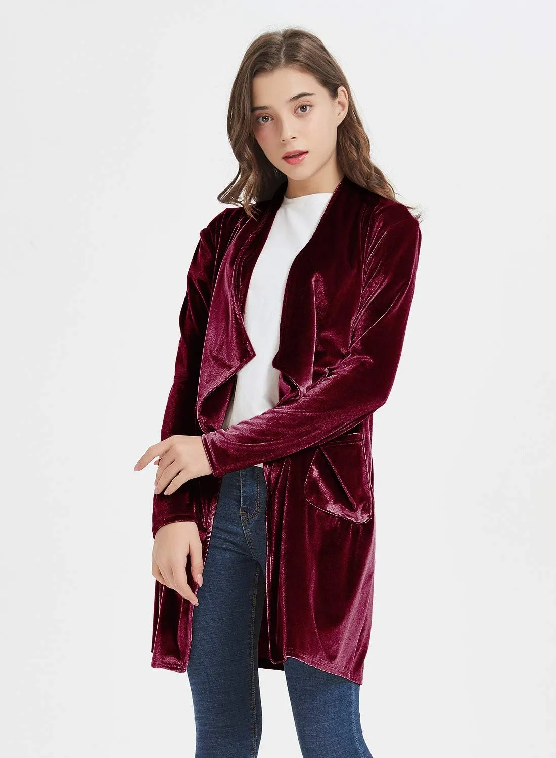 futurino Women's Solid Long Sleeve Velvet Jacket Open Front Cardigan Coat with Pockets Outerwear