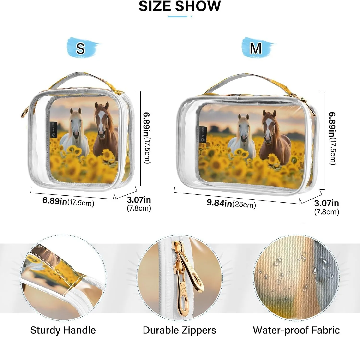GAIGEO Horse Standing in a Field of Sunflowers Travel Transparent Bag, Travel Bag Cosmetics, Cosmetic Travel Accessories, 2 Pack