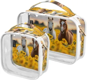 GAIGEO Horse Standing in a Field of Sunflowers Travel Transparent Bag, Travel Bag Cosmetics, Cosmetic Travel Accessories, 2 Pack