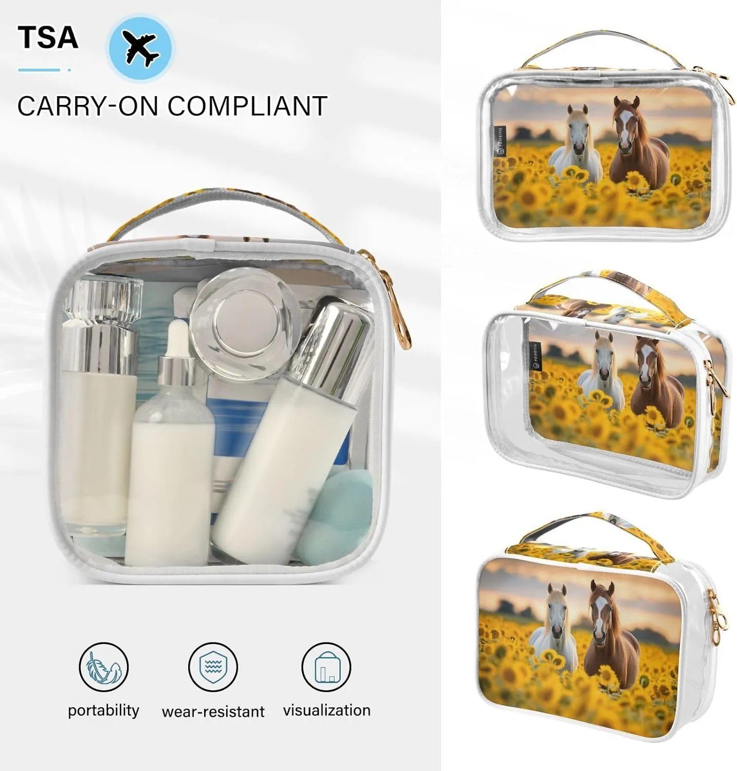 GAIGEO Horse Standing in a Field of Sunflowers Travel Transparent Bag, Travel Bag Cosmetics, Cosmetic Travel Accessories, 2 Pack