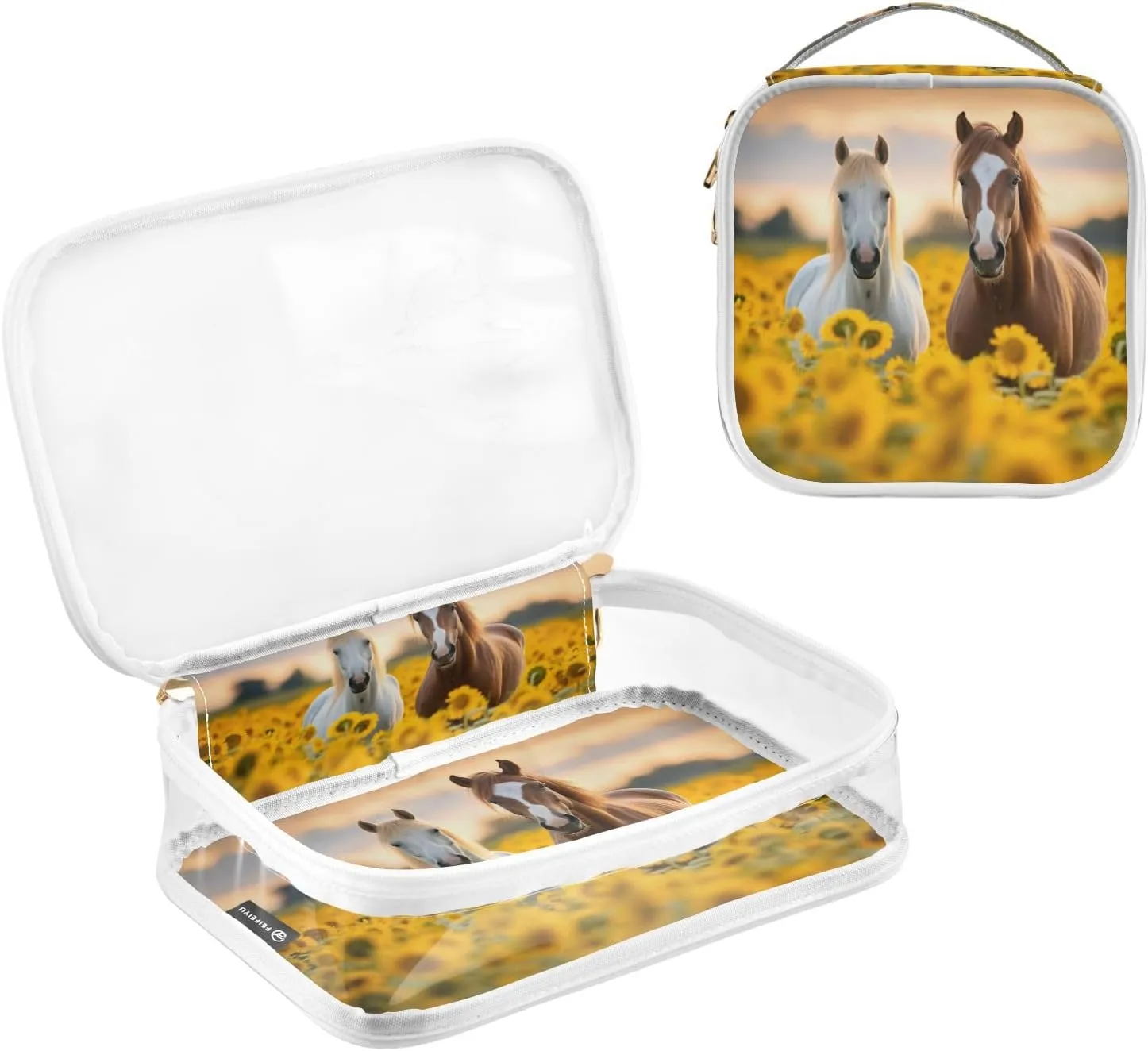 GAIGEO Horse Standing in a Field of Sunflowers Travel Transparent Bag, Travel Bag Cosmetics, Cosmetic Travel Accessories, 2 Pack