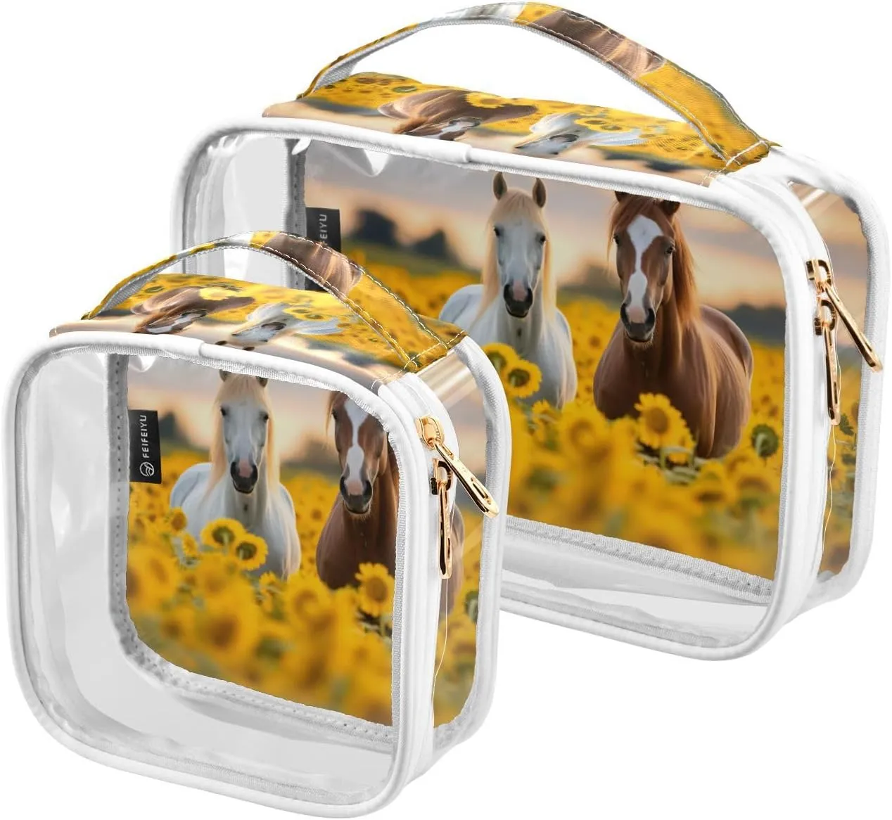 GAIGEO Horse Standing in a Field of Sunflowers Travel Transparent Bag, Travel Bag Cosmetics, Cosmetic Travel Accessories, 2 Pack