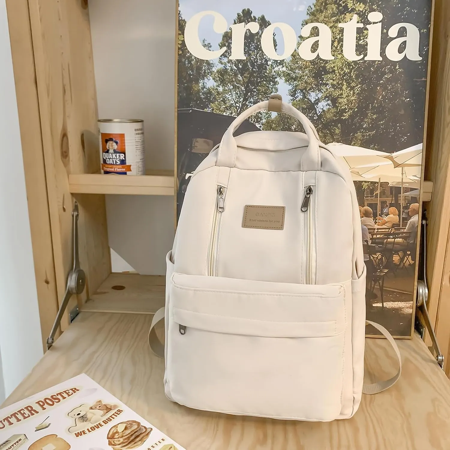 GAXOS Cute Backpack for School Aesthetic Backpack Purse for Women Girls White Book Bag Korea Style Bookbag