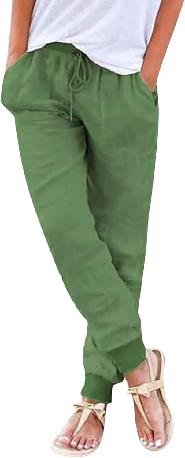 Generic Womens Cotton Linen Jogger Pants Summer Casual Drawstring Elastic Waist Lightweight Tapered Leg Joggers with Pockets