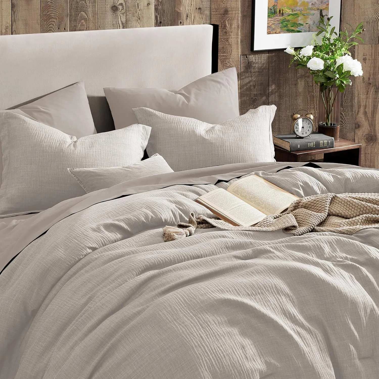 Geniospin King Size Comforter Set- 7 Piece Ivory Textured King Bedding Set, Soft Solid Bed in a Bag for All Season, King Comforter Set with Sheets(Ivory,102''x90'')