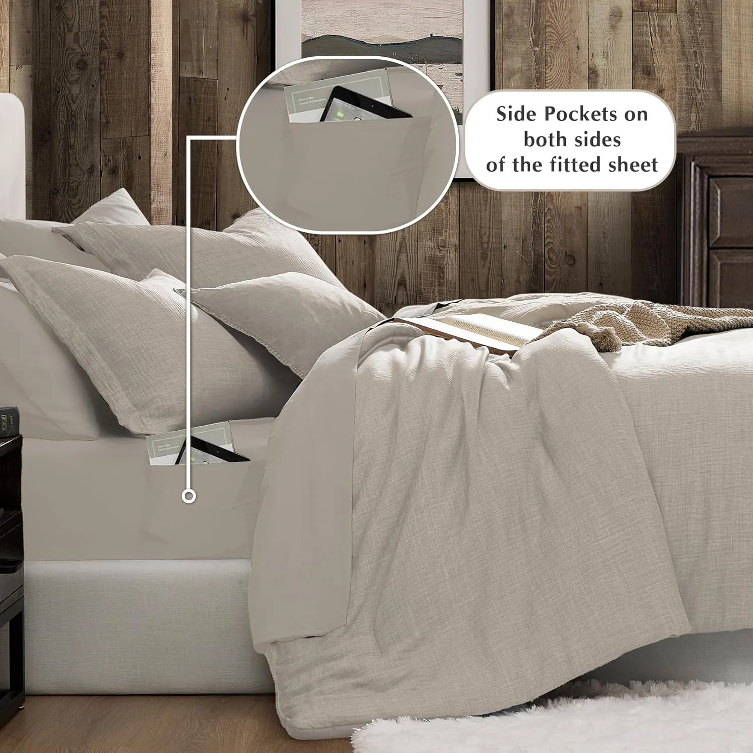 Geniospin King Size Comforter Set- 7 Piece Ivory Textured King Bedding Set, Soft Solid Bed in a Bag for All Season, King Comforter Set with Sheets(Ivory,102''x90'')