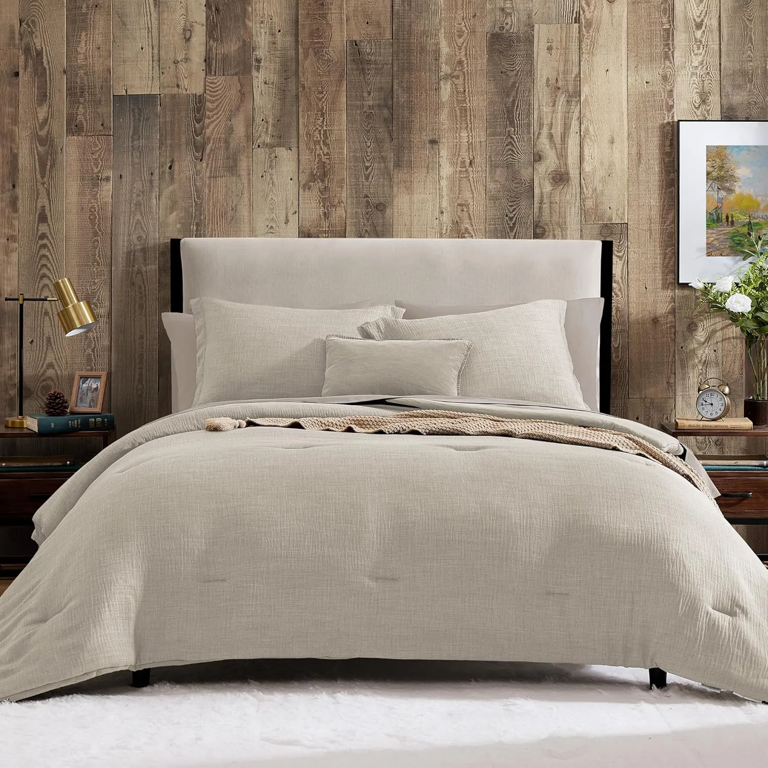 Geniospin King Size Comforter Set- 7 Piece Ivory Textured King Bedding Set, Soft Solid Bed in a Bag for All Season, King Comforter Set with Sheets(Ivory,102''x90'')