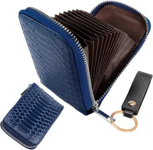 Genuine Leather 11 Card Slots Minimalist Zipper Accordion Purse, Crocodile Colorful Slim Multi Pockets Zip Around Wallet (Navy Blue)