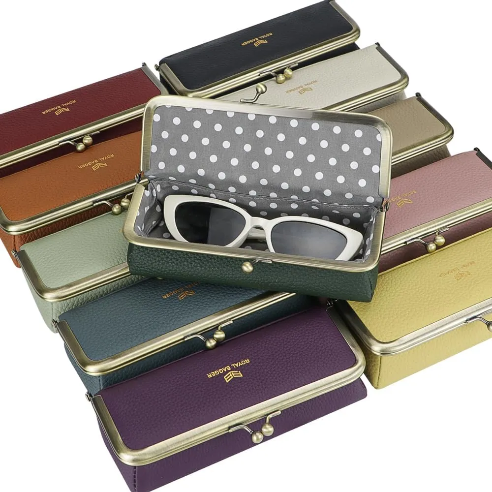 Genuine Leather Fashion Glasses Case - RFID Blocking, Fashion Pencil Bag with Kiss Lock, Coin Purse for Women