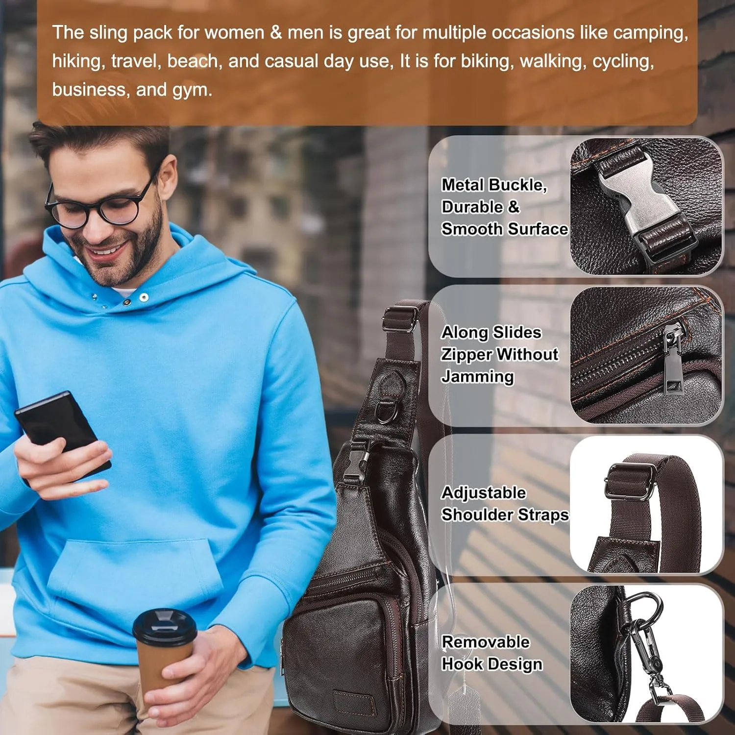 Genuine Leather Small Sling Bag - 6.69"x12.6" (LXH) Good for Men and Women Hiking Travel - Multipurpose Casual Small Packs Crossbody Chest Bag Backpack Coffee