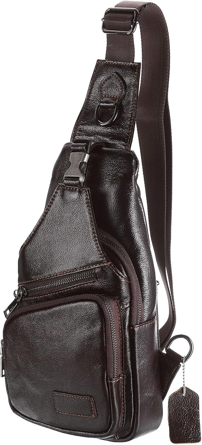 Genuine Leather Small Sling Bag - 6.69"x12.6" (LXH) Good for Men and Women Hiking Travel - Multipurpose Casual Small Packs Crossbody Chest Bag Backpack Coffee