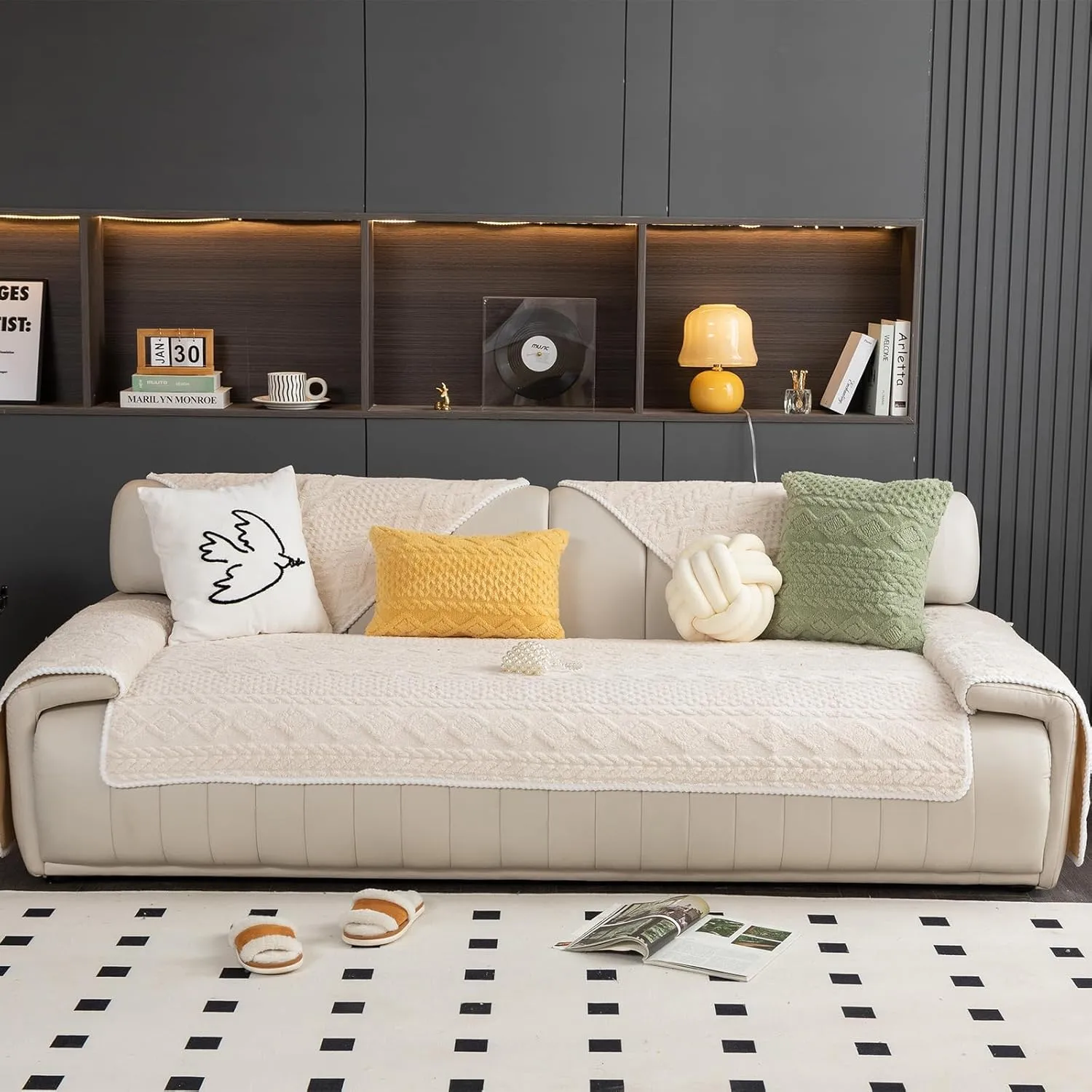 Geometric Jacquard Plush Warm Sofa Couch Cover, Soft Funny Fuzzy Couch Covers, Non Slip Sectional Sofa Slipcover, Cozy Washable Furniture Protector for Kids, Pets (Beige White, 36"x 63")