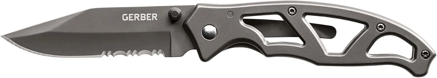 Gerber Gear Paraframe I EDC Folding Pocket Knife, 3" Serrated Edge with Safety Frame Lock, Stainless Steel, Grey