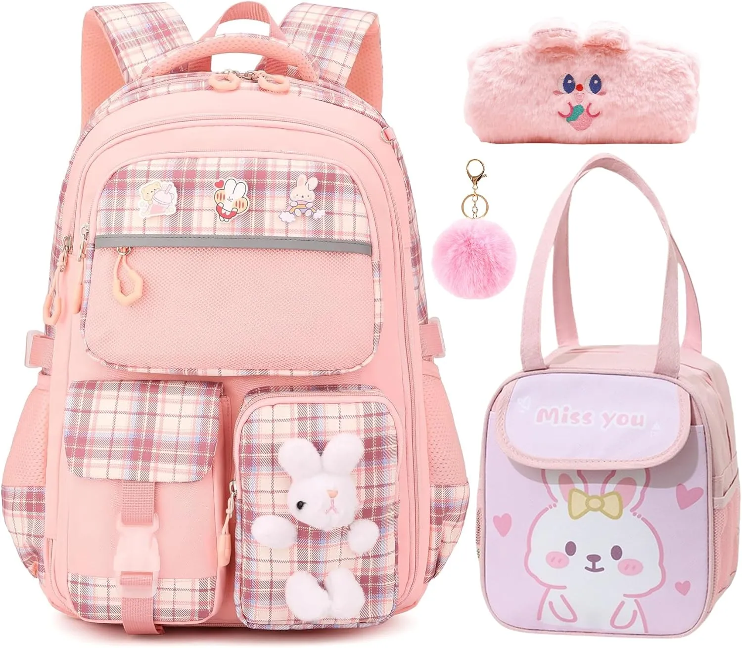 Girl Backpack for School Kids, Pink Cute Bookbag with Lunch Box Rainbow Elementary School Bag Pencil Case (Pink,3Pcs Set)