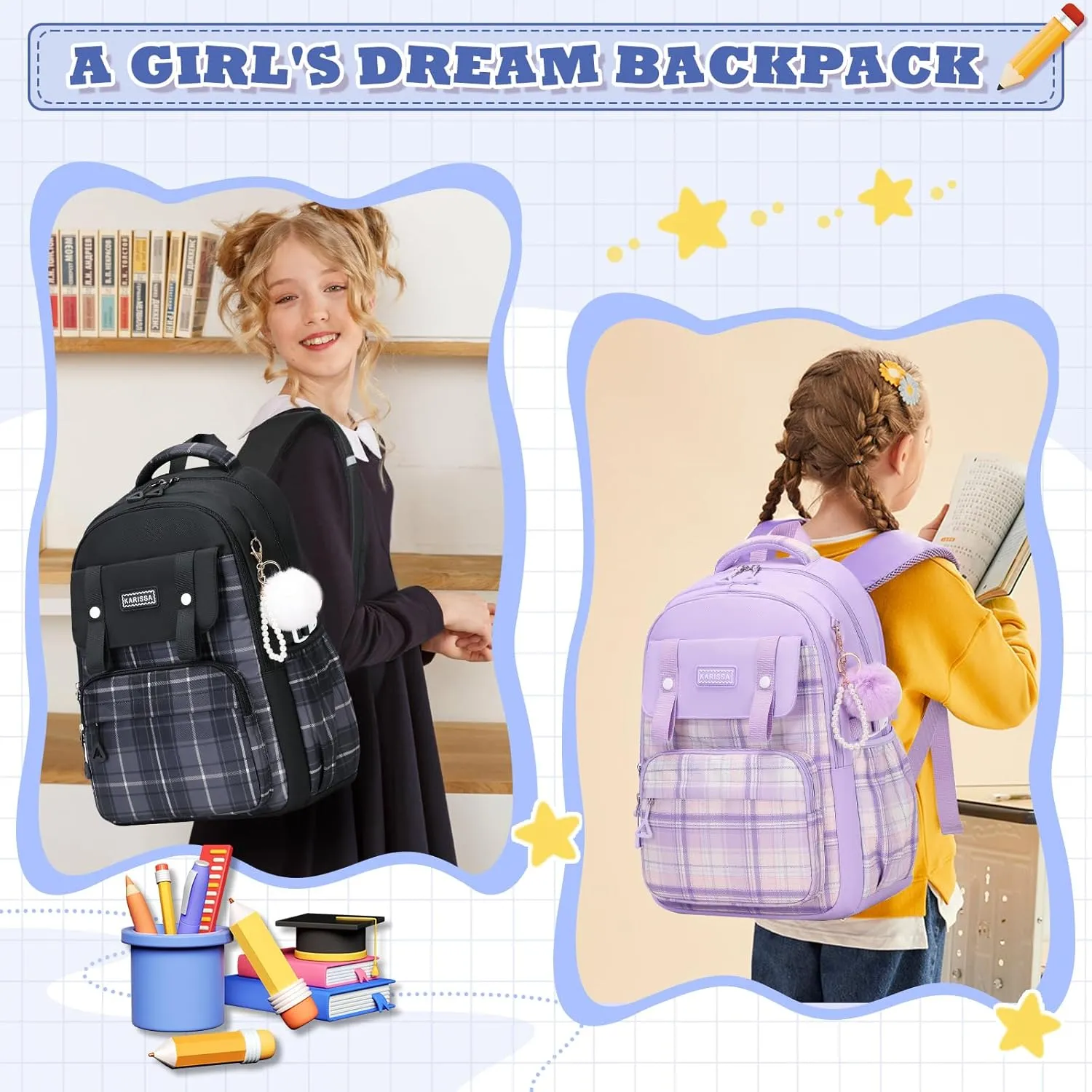 Girls Backpack, Ideal School Backpack for Girls from Elementary to Teen Years, Kawaii Bookbag Cute Large Capacity