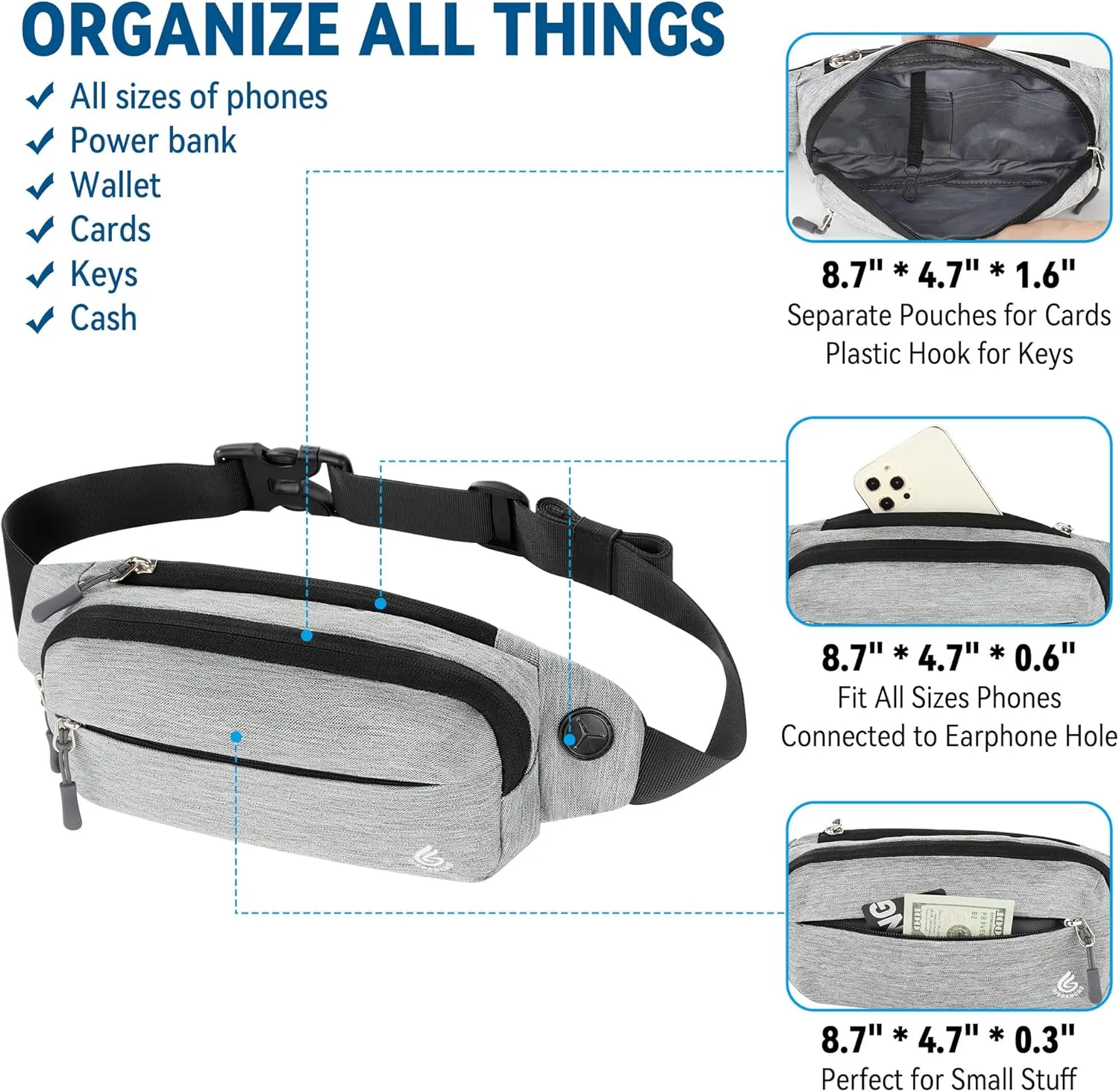 Gisdanchz Fanny Pack Waist Bag with Extender for Women Men, Lightweight Bum Bag for Daily Walking Running Jogging Hiking