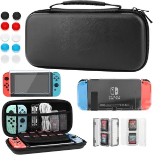 GLDRAM Black Carrying Case for Nintendo Switch, 11 in 1 Accessories Bundle with Portable Switch Travel Bag, Clear Protective Skin Cover, 2 Mini Swich Game Card Holder & 6 Thumb Grip Caps