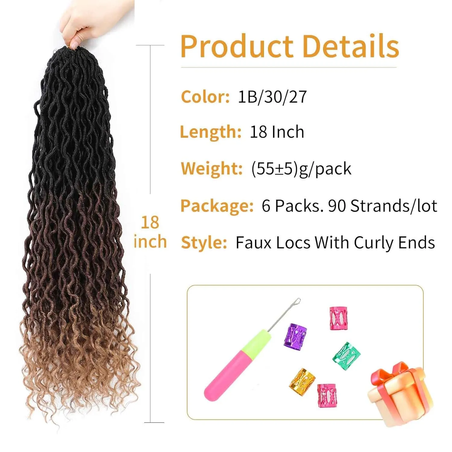 Goddess Locs Crochet Hair 18 Inch 6 Packs Ombre Faux Locs Crochet Hair For Black Women Pre Looped Faux Locs With Curly Ends(1B/30/27, 18 Inch, 6 Packs)