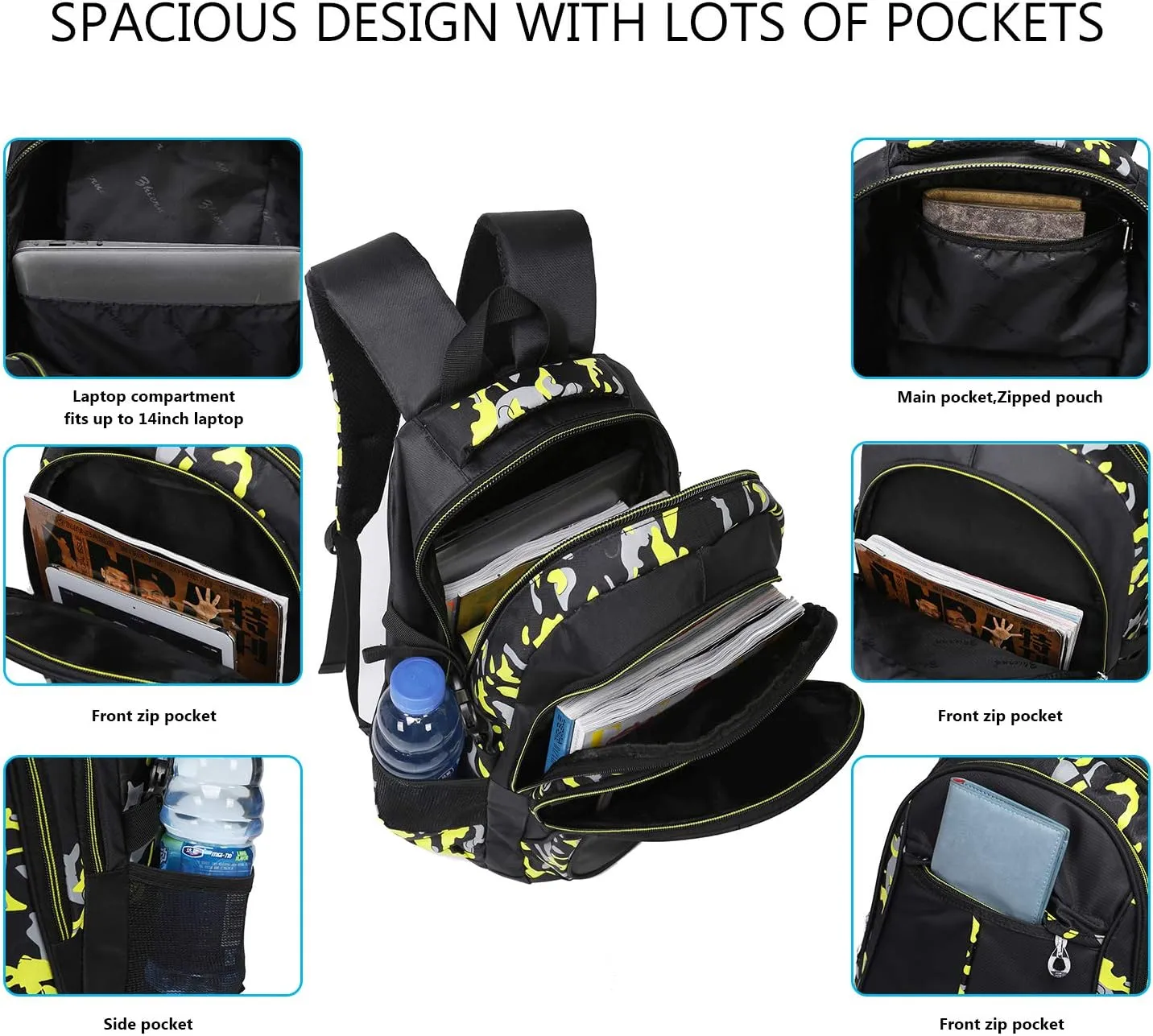 goldwheat School Backpack for Boys Cool Camouflage Bookbags with Lunch Box Pencil Case 3pcs for Middle School
