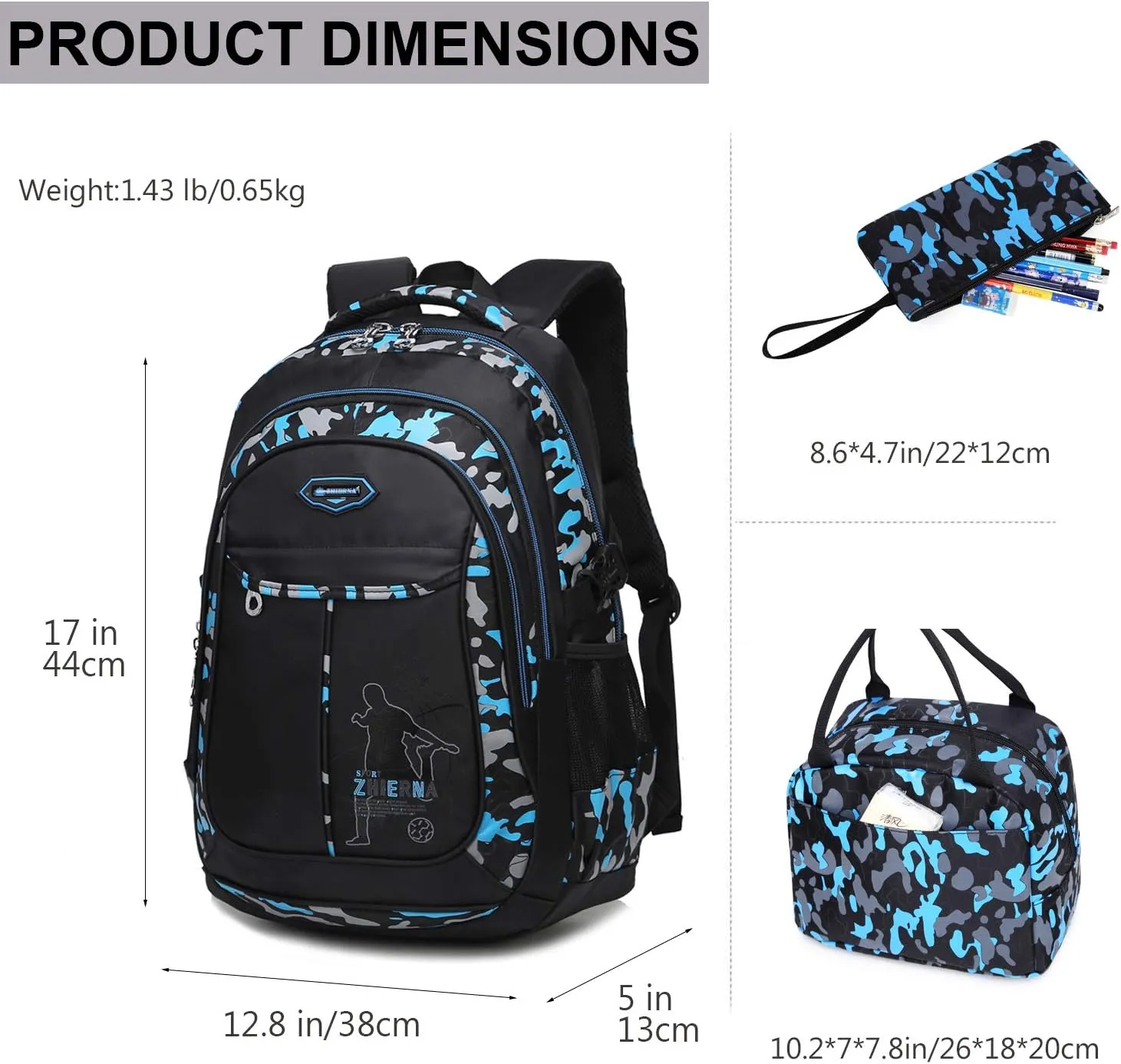 goldwheat School Backpack for Boys Cool Camouflage Bookbags with Lunch Box Pencil Case 3pcs for Middle School
