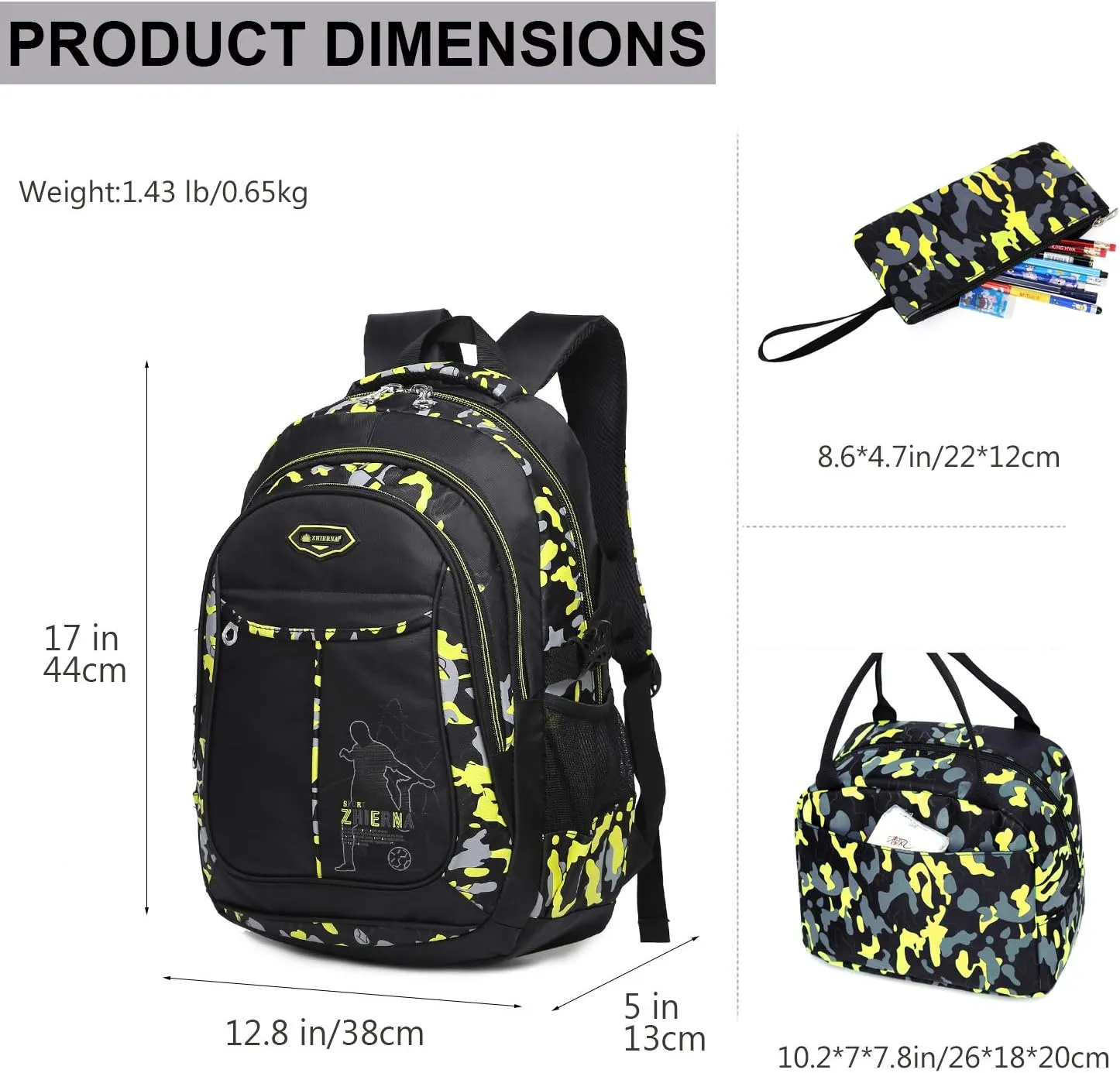 goldwheat School Backpack for Boys Cool Camouflage Bookbags with Lunch Box Pencil Case 3pcs for Middle School