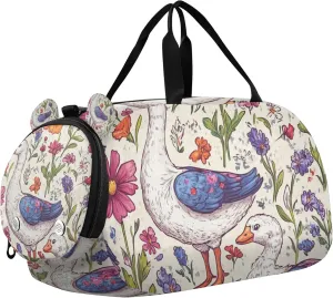 Goose Flowers Farm Animals Sports Duffle Bag for Teens Girls Boys, Gym Bag with Shoe Compartment, Kids Travel Overnight Weekender Shoulder Bag