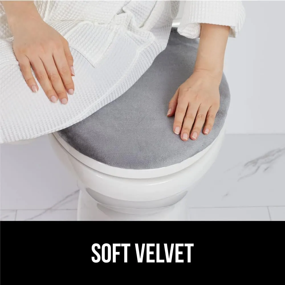 GORILLA GRIP Memory Foam Toilet Lid Seat Cover, Stays in Place Elastic Edges, Soft Velvet Bathroom Covers, Universal Fit for Standard Oblong Round Elongated Bath Room Bowl Lids, Washable, Grey
