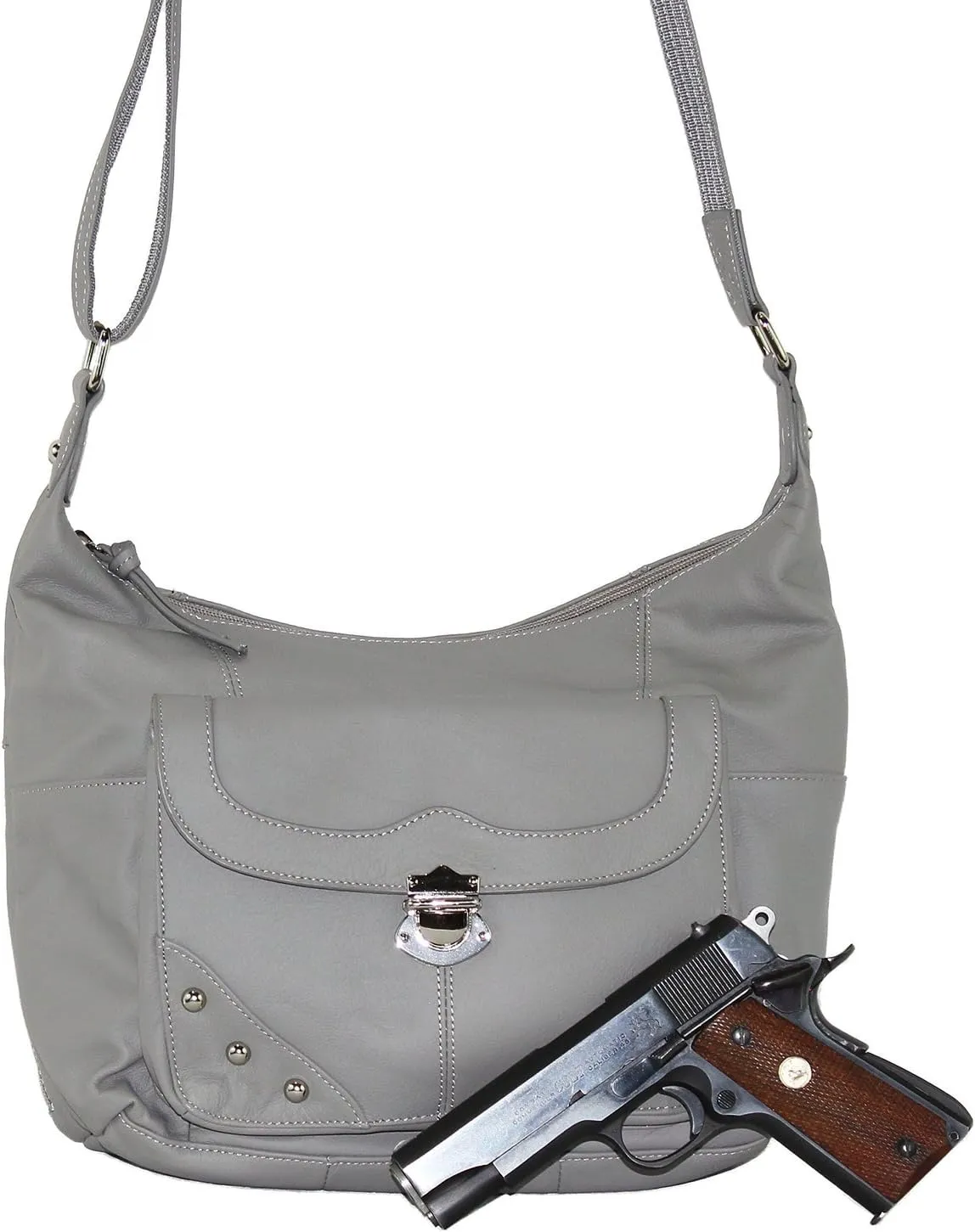 Goson Leather Concealed Gun Carrying Handbag Purse Buckled Front Pocket with Silver Studs