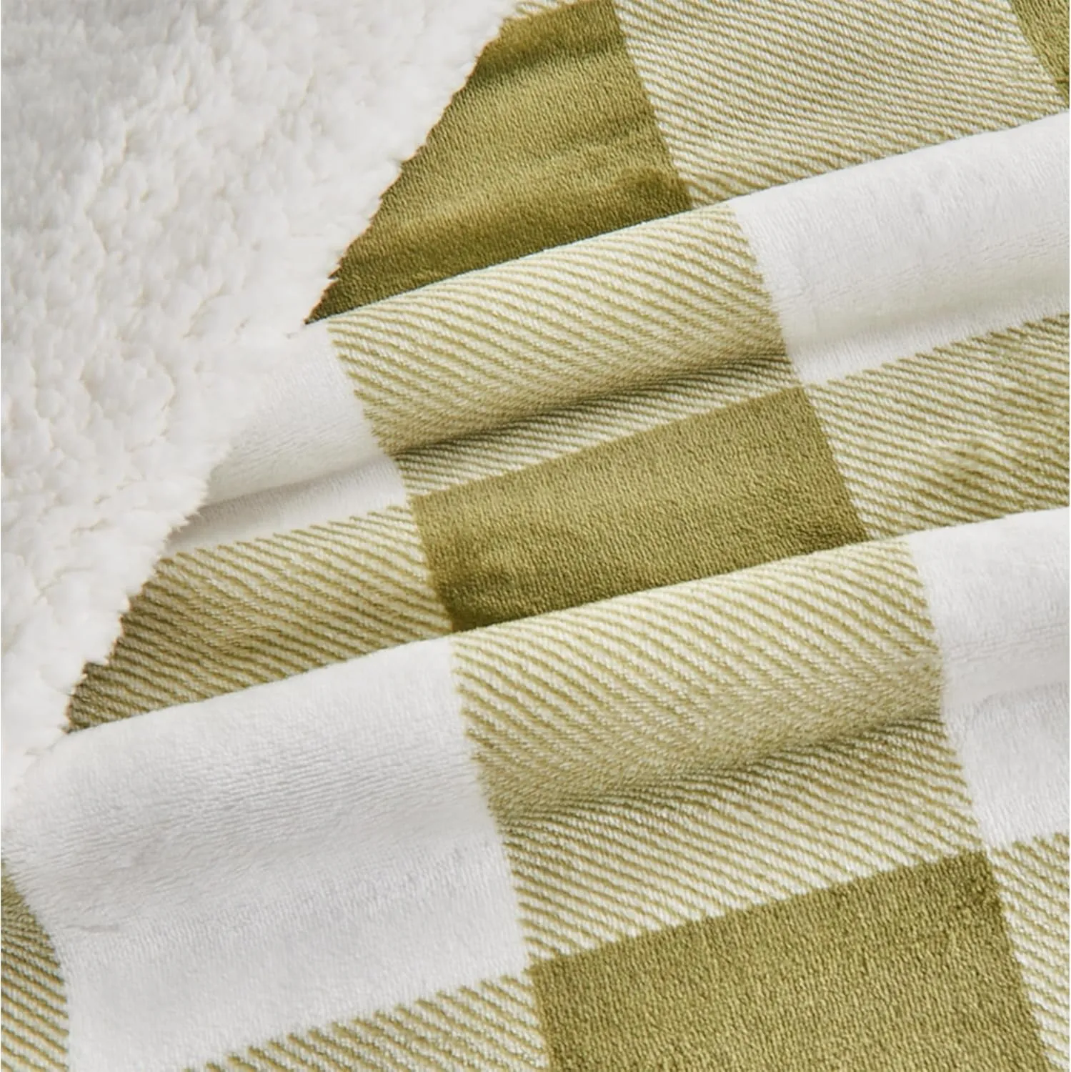 Great Bay Home Sherpa Fleece and Velvet Plush Throw Blanket, Thick Blanket for Chair, Sofa, or Bed. Warm, Reversible, Soft Fleece Throw Blanket. Kinsley Collection, Olive Green Buffalo Check