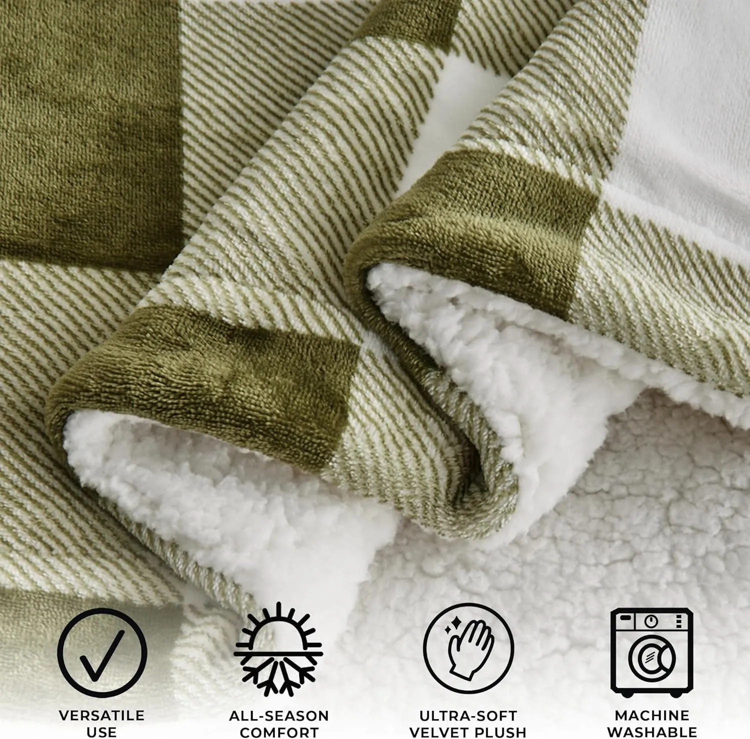 Great Bay Home Sherpa Fleece and Velvet Plush Throw Blanket, Thick Blanket for Chair, Sofa, or Bed. Warm, Reversible, Soft Fleece Throw Blanket. Kinsley Collection, Olive Green Buffalo Check